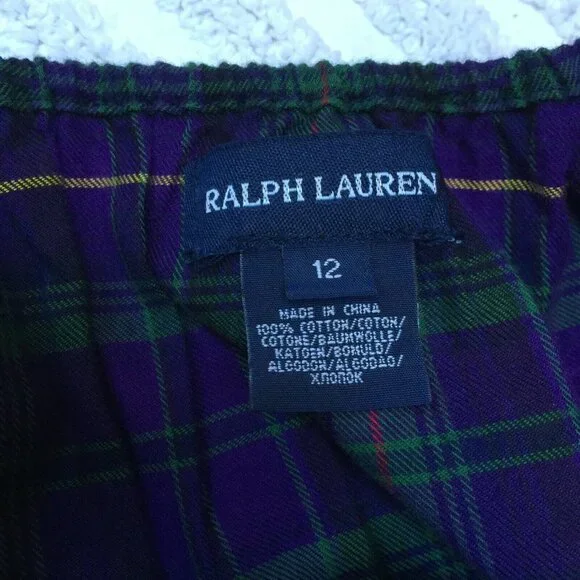 Ralph Lauren Girls' Size 12 Short Sleeve Ruffle Dress Purple/Green Plaid Cotton